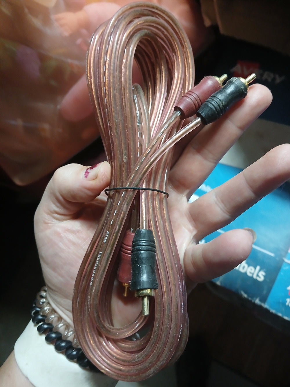 long, shielded RCA cable commonly used for connecting car or home audio amplifie